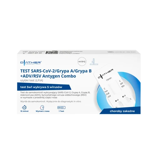 SARS-CoV-2/Grypa A/Grypa B + ADV/RSV Antygen Combo Szybki test LFIA, 1 sztuka - Domowy test diagnostyczny na grypę, COVID i RSV