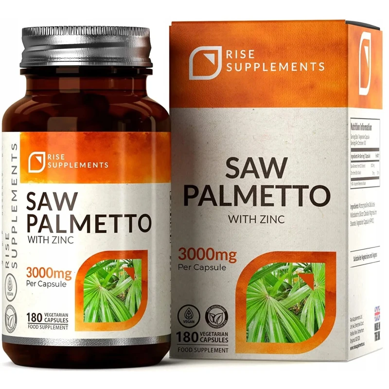 Rise Supplements, Palma Sabałowa (Saw Palmetto) 3000 mg, 180 kapsułek - Wsparcie zdrowia układu moczowo-płciowego u mężczyzn