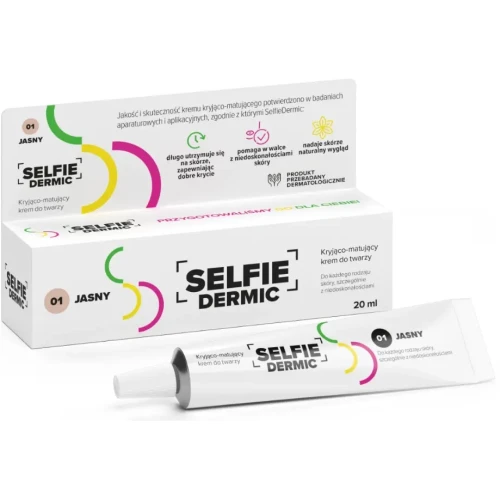 Selfiedermic 01 jasny, kryjąco-matujący krem do twarzy, 20 ml - Wyrównuje koloryt, matuje, ukrywa niedoskonałości skóry trądzikowej