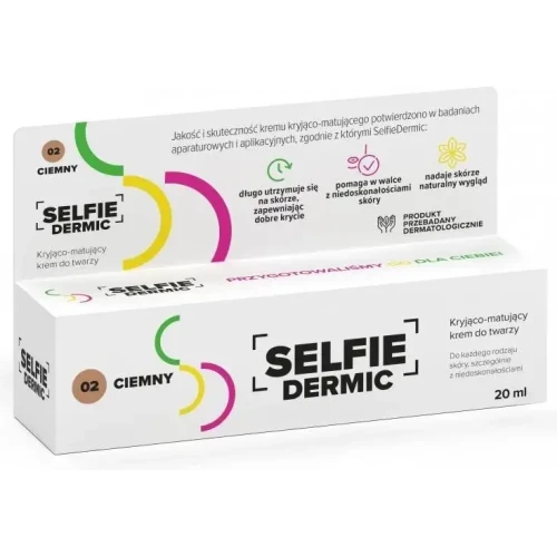 Selfiedermic 02 ciemny, kryjąco-matujący krem do twarzy, 20 ml - Poprawia wygląd skóry z niedoskonałościami, maskuje i wygładza