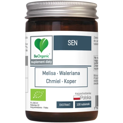 BeOrganic Sen BIO 450 mg, 100 tabletek - Ekologiczne ekstrakty roślinne wspierające relaksację i zdrowy sen