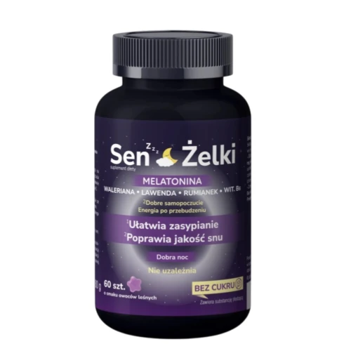 Sen Żelki, 60 sztuk - Suplement diety z melatoniną i ekstraktami roślinnymi wspierający spokojny sen