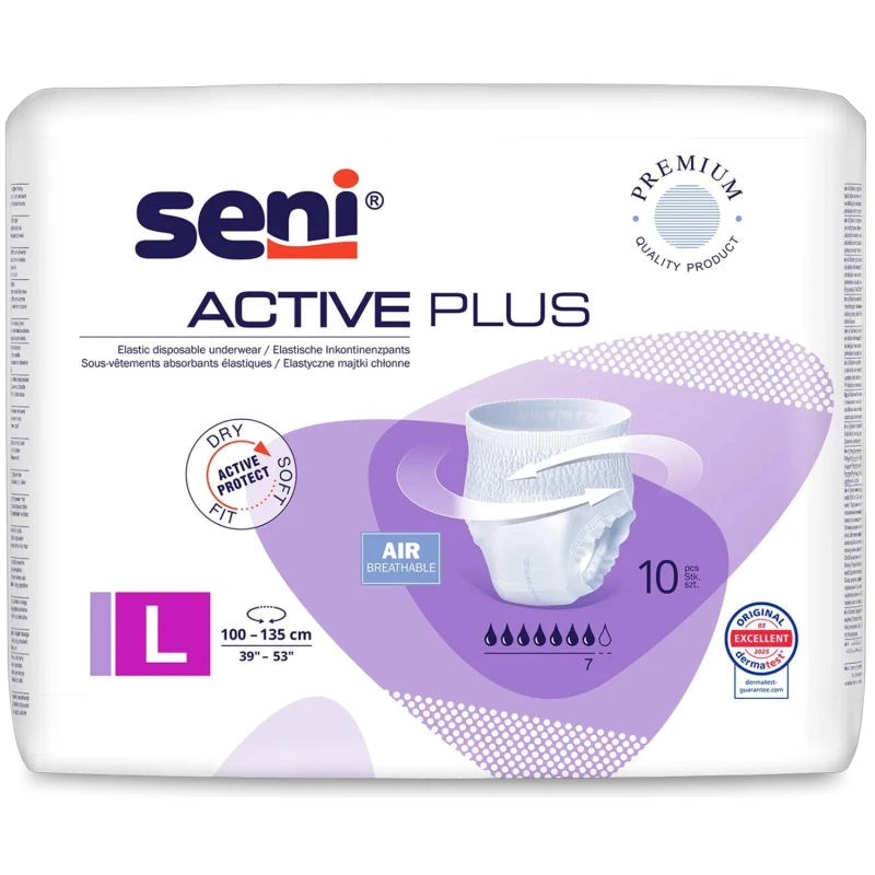 Seni Active Plus Majtki chłonne L, 10 sztuk - Elastyczne, jednorazowego użytku dla osób ze średnim i ciężkim stopniem nietrzymania moczu