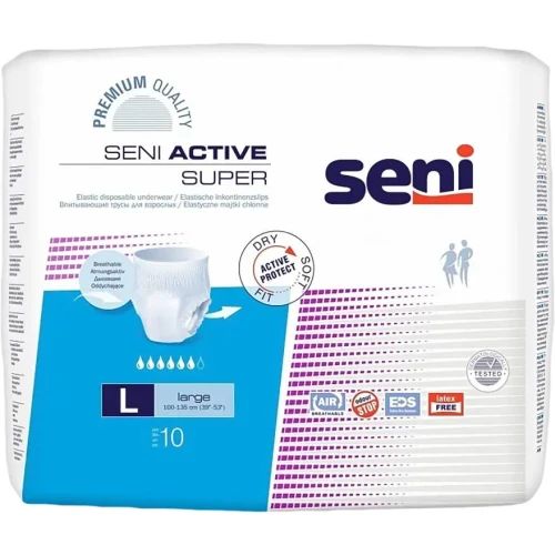 Seni Active Super Majtki chłonne L, 10 sztuk - Elastyczne, jednorazowego użytku dla osób ze średnim stopniem nietrzymania moczu