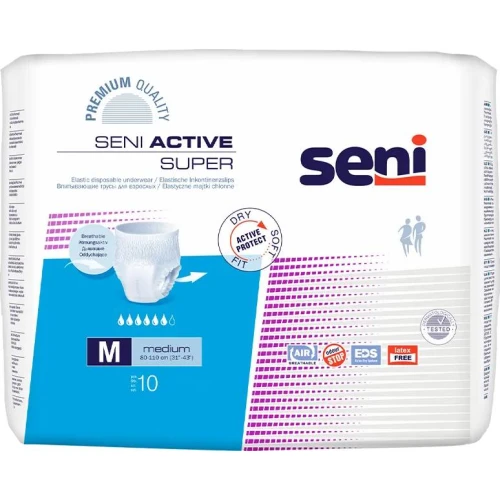 Seni Active Super Majtki chłonne M, 10 sztuk - Elastyczne, jednorazowego użytku dla osób ze średnim stopniem nietrzymania moczu