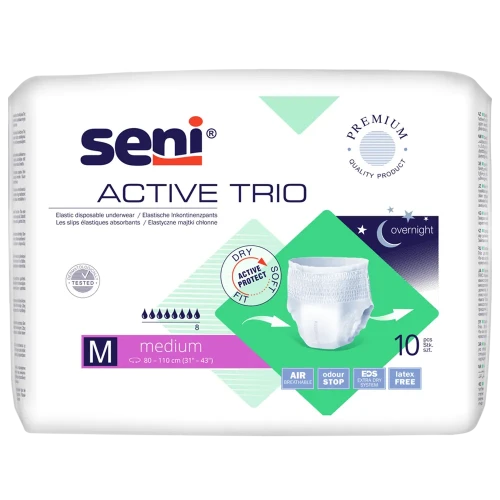 Seni Active Trio Majtki chłonne M, 10 sztuk - Elastyczne, jednorazowego użytku dla osób z ciężkim stopniem nietrzymania moczu
