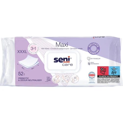 Seni Care Maxi, chusteczki nawilżane 3w1, 52 sztuki - Delikatnie oczyszczają i neutralizują zapachy