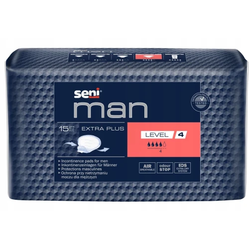 Seni Man Extra Plus Level 4 Wkładki urologiczne dla mężczyzn, 15 sztuk - Zabezpieczają przy lekkim i średnim nietrzymaniu moczu