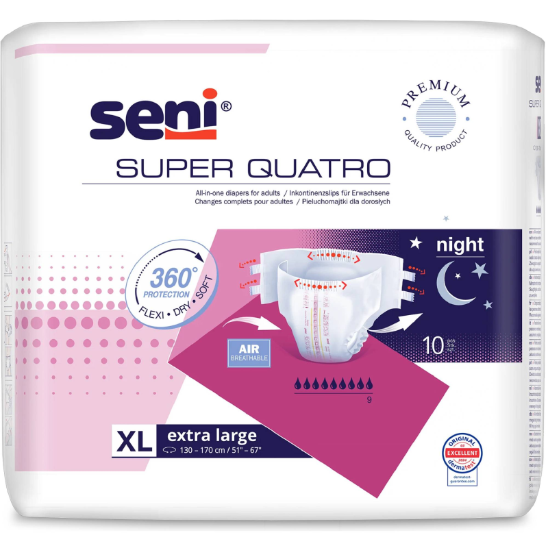 Seni Super Quatro Pieluchomajtki dla dorosłych XL, 10 sztuk - Przy bardzo ciężkim nietrzymaniu moczu