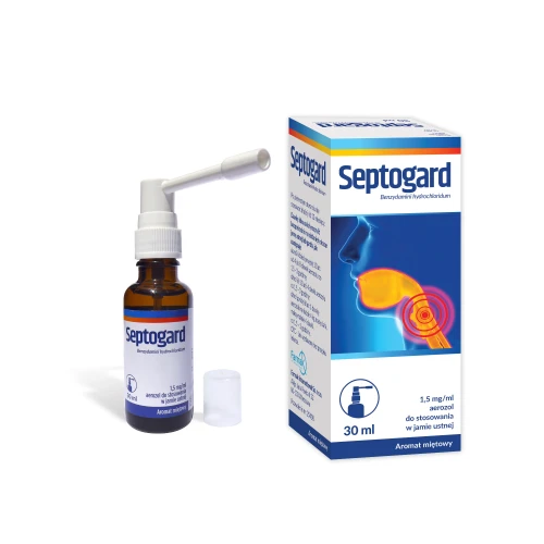 Septogard 1,5 mg/ml aerozol do stosowania w jamie ustnej, 30 ml - Hamuje ból i obrzęk jamy ustnej i gardła