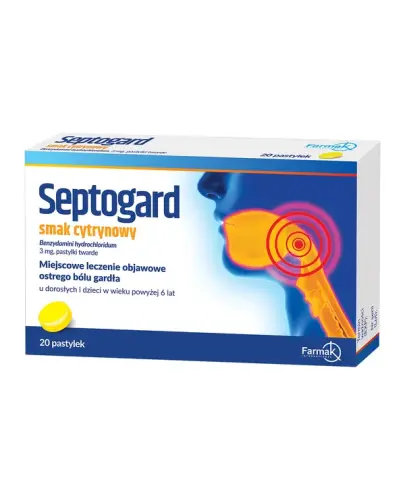 Septogard smak cytrynowy 3 mg, 20 pastylek twardych -  Do ssania w objawowym ostrym bólu gardła u dorosłych i dzieci 