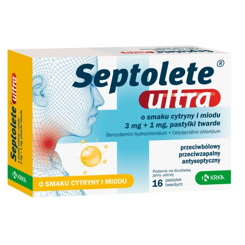 Septolete Ultra o smaku cytryny i miodu 3 mg + 1 mg, 16 pastylek - Tabletki do ssania na gardło