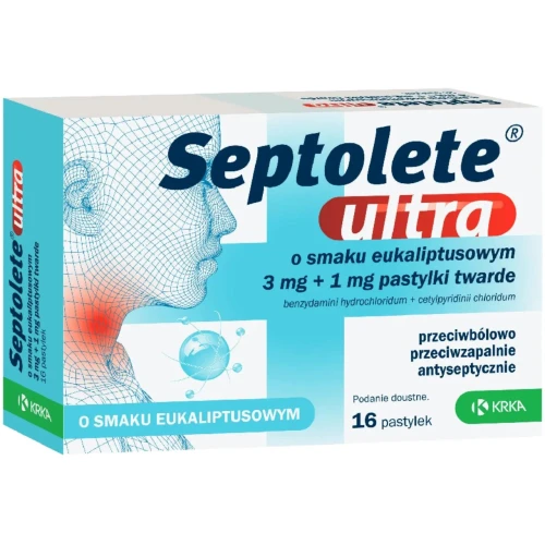 Septolete ultra o smaku eukaliptusowym, 16 pastylek - Na ból gardła o działaniu przeciwzapalnym, przeciwbólowym i odkażającym
