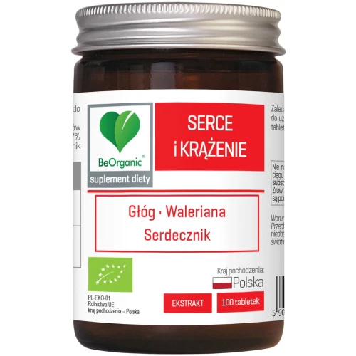 BeOrganic Serce i Krążenie BIO 500 mg, 100 tabletek - Ekologiczne ekstrakty roślinne wspierające serce i układ krążenia