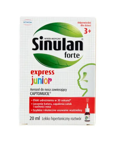 Sinulan Express Forte Junior, spray do nosa, 20 ml - Zmniejsza lepkość śluzu, wspomaga usuwanie wydzieliny i udrożnianie nosa