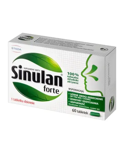 Sinulan Forte, 60 tabletek - Kompozycja ekstraktów roślinnych, które wspomagają oddychanie, odtykają zatkany nos i wspomagają odporność
