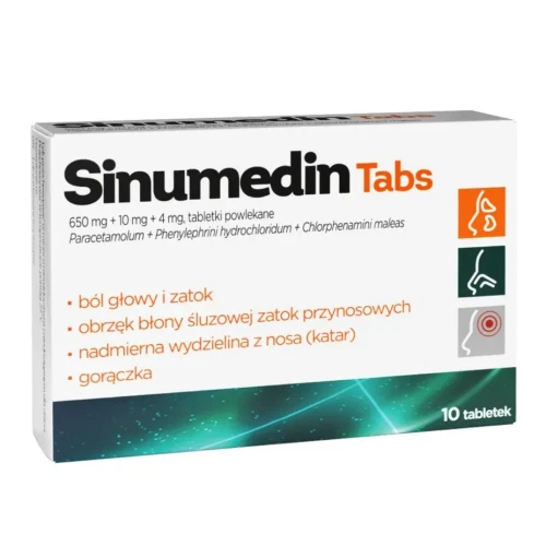 Sinumedin Tabs, 10 tabletek - Łagodzi ból zatok i katar