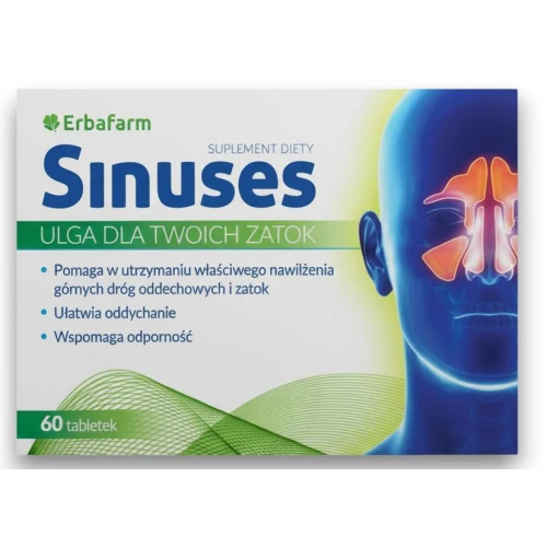 Sinuses, 60 tabletek - Wyciągi roślinne pomagają w utrzymaniu właściwego nawilżenia górnych dróg oddechowych i zatok
