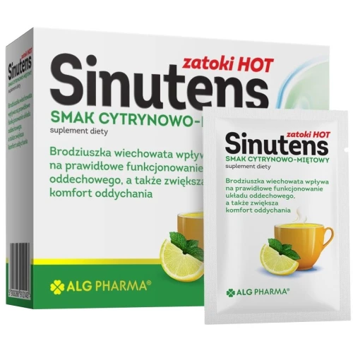 Sinutens Zatoki Hot, smak cytrynowo – miętowy, 10 saszetek - Wsparcie funkcjonowania układu oddechowego i zatok