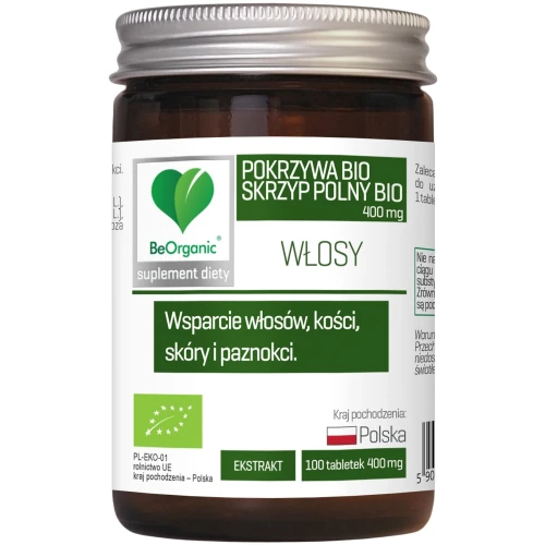 BeOrganic Skrzyp BIO + Pokrzywa BIO 400 mg, 100 tabletek - Wsparcie skóry, włosów, paznokci i witalności