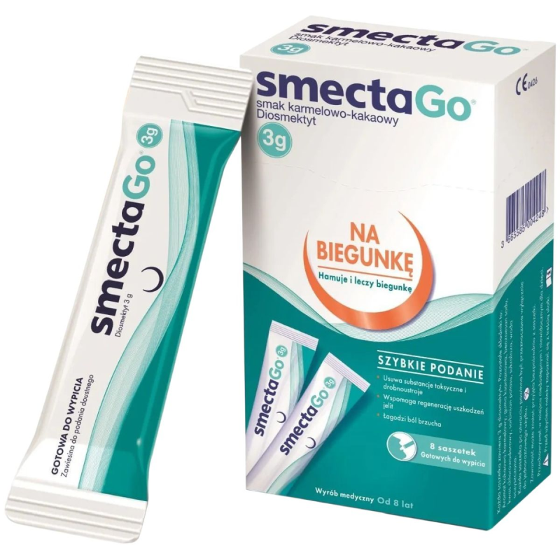 SmectaGo, 8 saszetek - Gotowa do wypicia zawiesina o karmelowo-kakaowym smaku, łagodzi ból brzucha, hamuje biegunkę