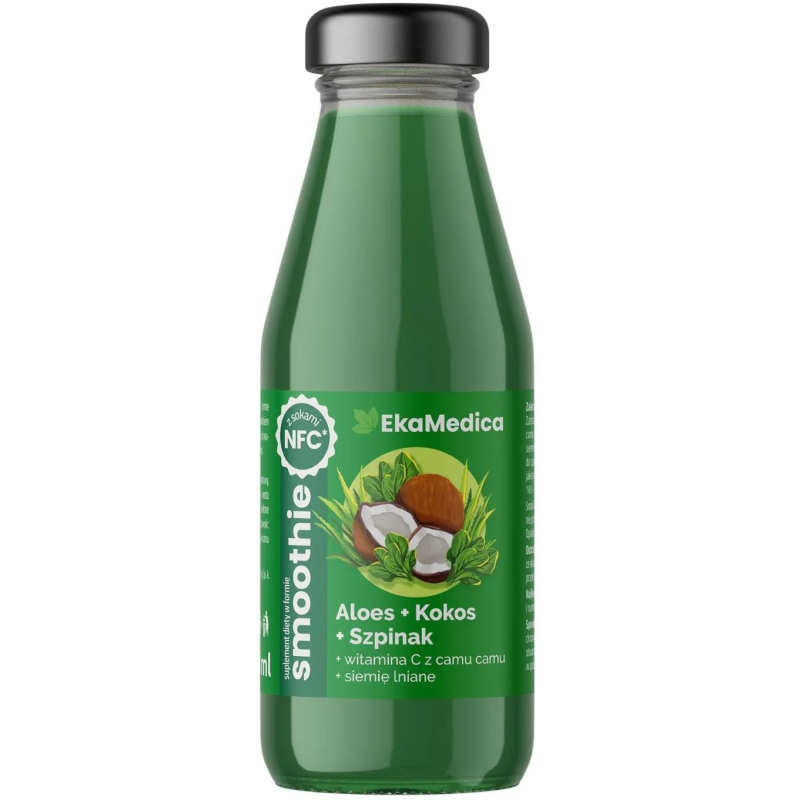 Ekamedica Smoothie Aloes-Kokos-Szpinak, 250 ml - Z witaminą C z camu camu i siemieniem lnianym