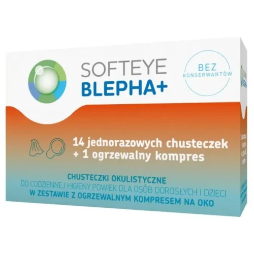 Softeye Blepha+ Chusteczki okulistyczne, 14 sztuk + ogrzewalny kompres, 1 sztuka - Do higieny i masażu powiek