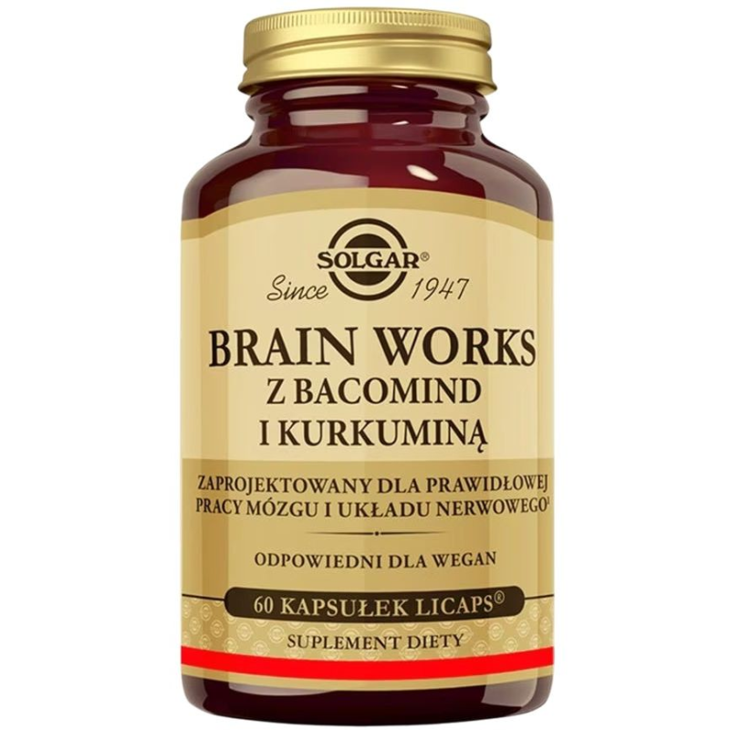 Solgar Brain Works z Bacomind i Kurkuminą, 60 kapsułek - Z kompozycją składników wsparających prawidłową pracą mózgu i układu nerwowego