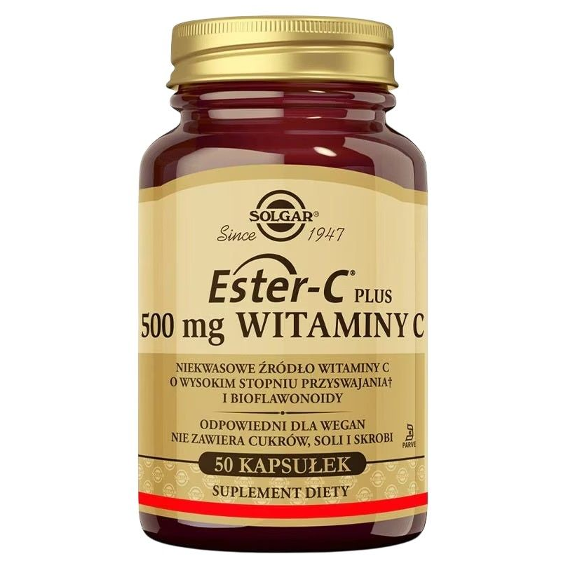 Solgar Ester-C Plus 500 mg witaminy C, 50 kapsułek - Odpowiedni dla wegan, bez cukru, soli i skrobi. 