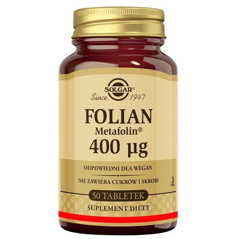 Solgar Folian (Metafolin) 400 µg, 50 tabletek - Odpowiedni dla wegan suplement diety dla osób dorosłych