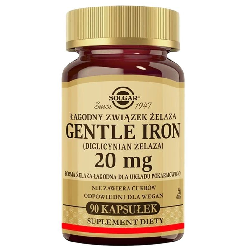 Solgar Gentle Iron (diglicynian żelaza) 20 mg, 90 kapsułek - Forma żelaza łagodna dla układu pokarmowego