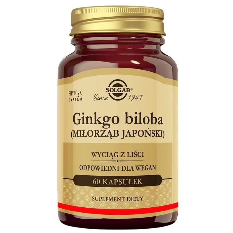 Solgar Ginkgo biloba (Miłorząb japoński), 60 kapsułek - Kapsułki roślinne z wyciągiem z liści miłorzębu japońskiego