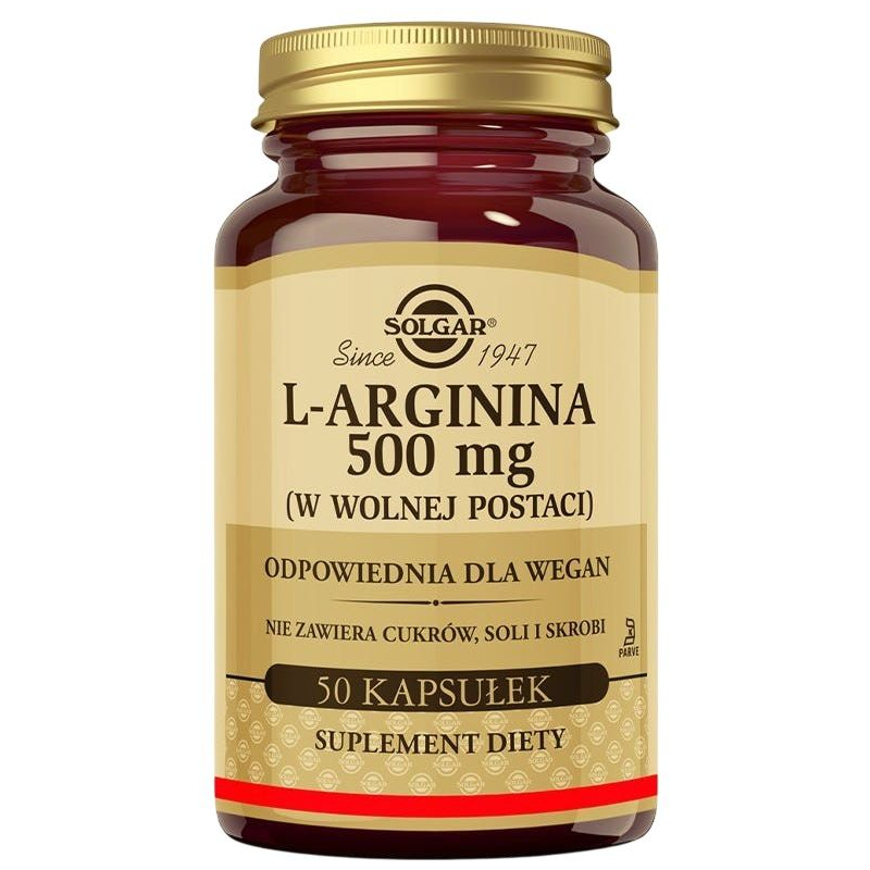 Solgar L-Arginina (w wolnej postaci) 500 mg, 50 kapsułek - Odpowiednie dla wegan kapsułki bez cukru, soli i skrobi