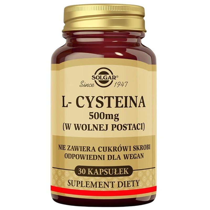 Solgar L-Cysteina 500 mg (w wolnej postaci), 30 kapsułek - Kapsułki roślinne, suplement odpowiedni dla wegan