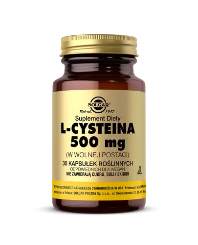 Solgar L-Cysteina 500 mg (w wolnej postaci), 30 kapsułek - Kapsułki roślinne, suplement odpowiedni dla wegan