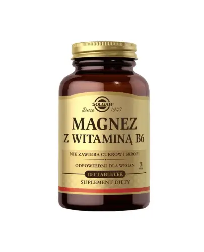 Solgar Magnez z witaminą B6, 100 tabletek - Suplement diety dla osób dorosłych, bez cukrów i skrobi