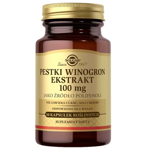 Solgar Pestki winogron ekstrakt 100 mg, 30 kapsułek - Źródło polifenoli dla osób dorosłych