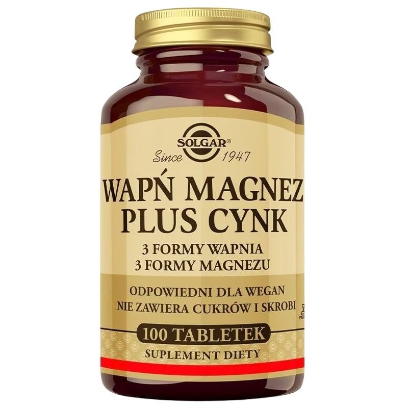 Solgar Wapń Magnez Plus Cynk, 100 tabletek - 3 formy wapnia i 3 formy magnezu