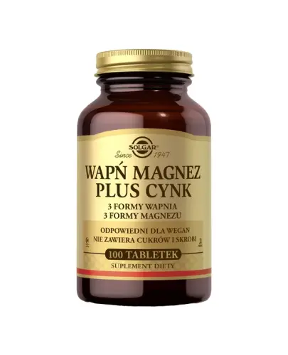 Solgar Wapń Magnez Plus Cynk, 100 tabletek - 3 formy wapnia, 3 formy magnezu