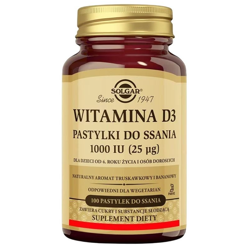 Solgar Witamina D3 1000 IU 25 ug, 100 pastylek do ssania - Truskawkowo-bananowe pastylki do ssania z witaminą D