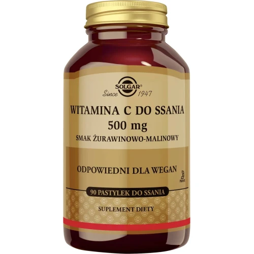 Solgar Witamina C do ssania 500 mg smak żurawinowo- malinowy, 90 pastylek do ssania - Odpowiednie dla wegan owocowe pastylki do ssania z witaminą C