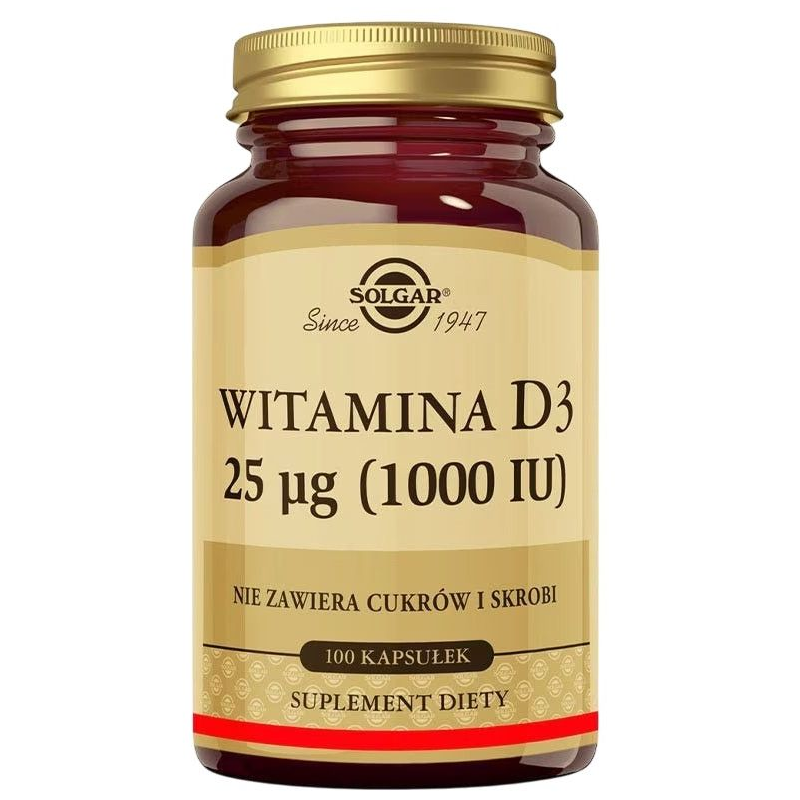 Solgar Witamina D3 1000 IU 25 µg, 100 kapsułek - Kapsułki z witaminą D3 dla dorosłych