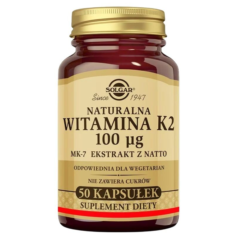 Solgar Naturalna Witamina K2 100 µg, 50 kapsułek - Suplement diety zawierający MK-7 pochodzący z ekstraktu z natto