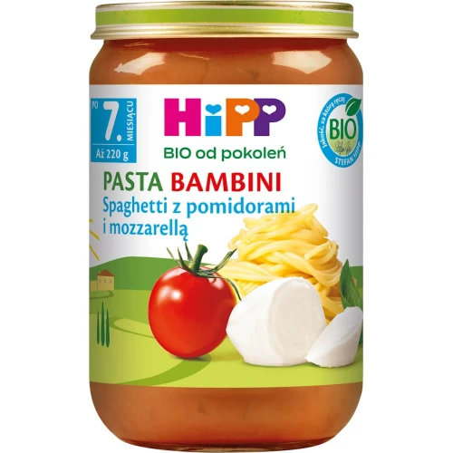 HiPP Spaghetti z pomidorami i mozarellą BIO, 220 g - Dla dzieci po 7. miesiącu