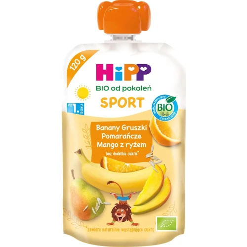 HiPP Sport Banany-Gruszki-Pomarańcze-Mango z ryżem BIO, 120 g - Przekąska w tubce