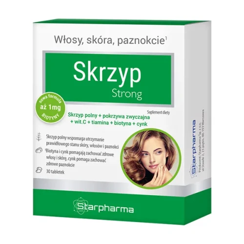Skrzyp Strong nowa formuła, 30 tabletek - Kompozycja składników na włosy, skórę i paznokcie
