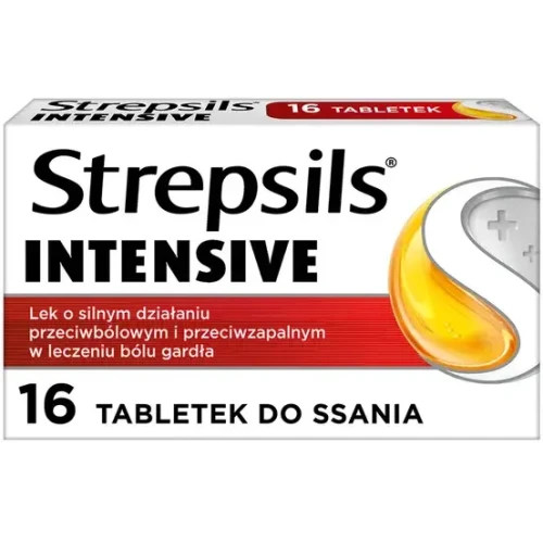 Strepsils Intensive, 16 tabletek do ssania - Na ból gardła z flurbiprofenem o silnym działaniu  przeciwbólowym i przeciwzapalnym