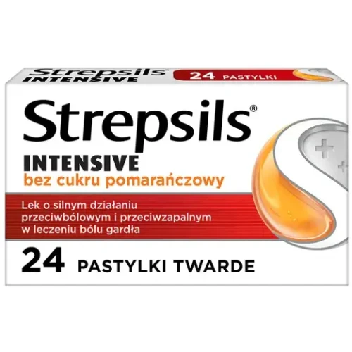 Strepsils Intensive bez cukru, smak pomarańczowy,  24 pastylki - Do krótkotrwałego leczenia objawowego bólu gardła u dorosłych i młodzieży