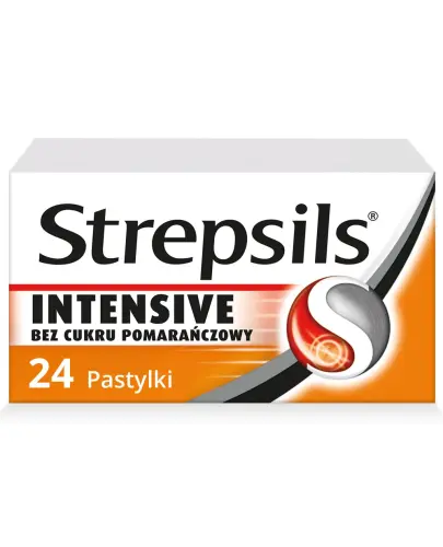 Strepsils Intensive bez cukru, smak pomarańczowy,  24 pastylki - Do krótkotrwałego leczenia objawowego bólu gardła u dorosłych i młodzieży