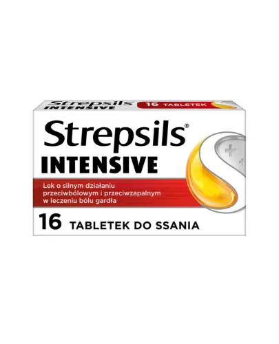 Strepsils Intensive, 16 tabletek do ssania - Na ból gardła z flurbiprofenem o silnym działaniu  przeciwbólowym i przeciwzapalnym